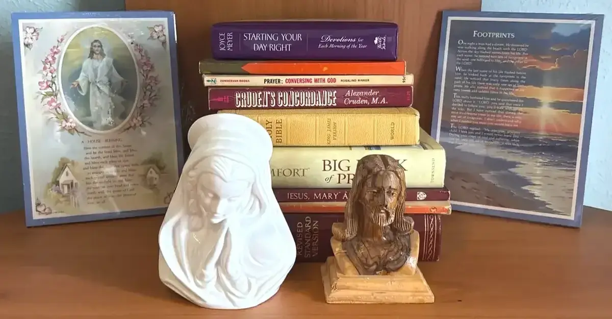 Religious Book Assortment And Religious Decor