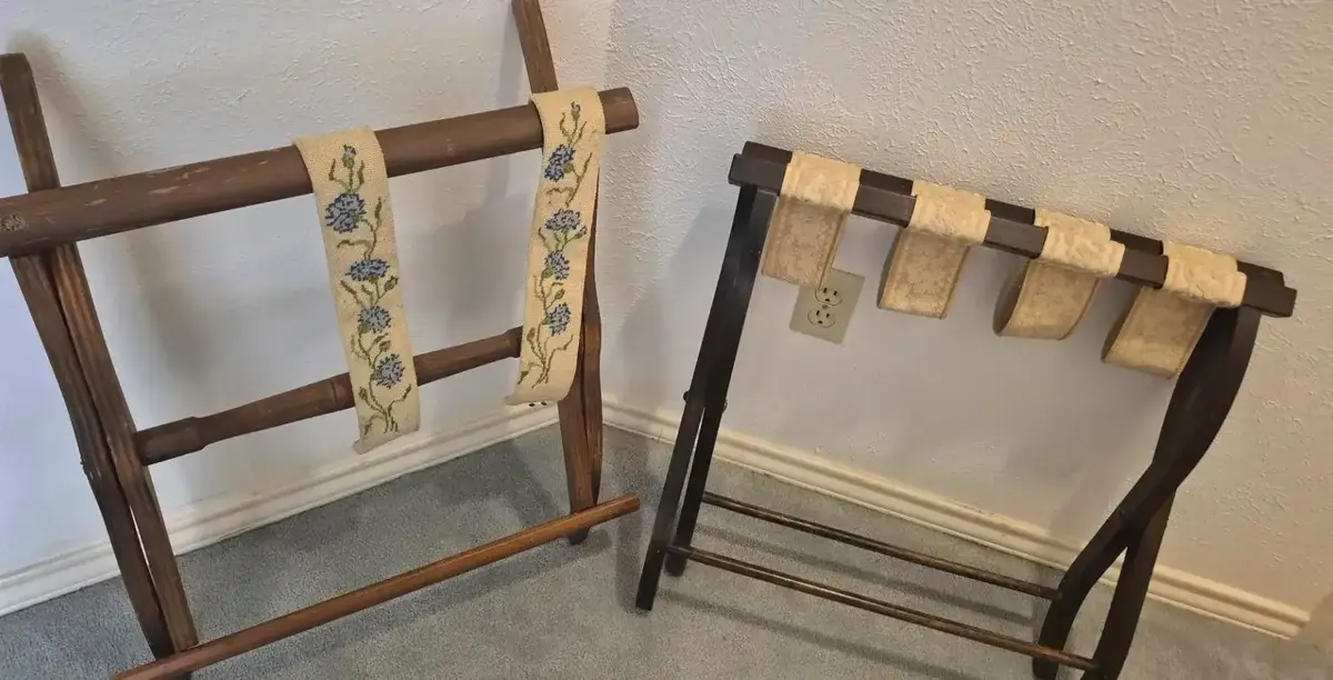Pair Of Vintage Folding Wooden Luggage Racks With Fabric Straps