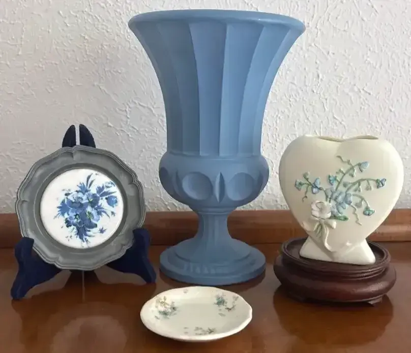 Blue Pedestal Vase Pewter/Porcelain Coaster And More  