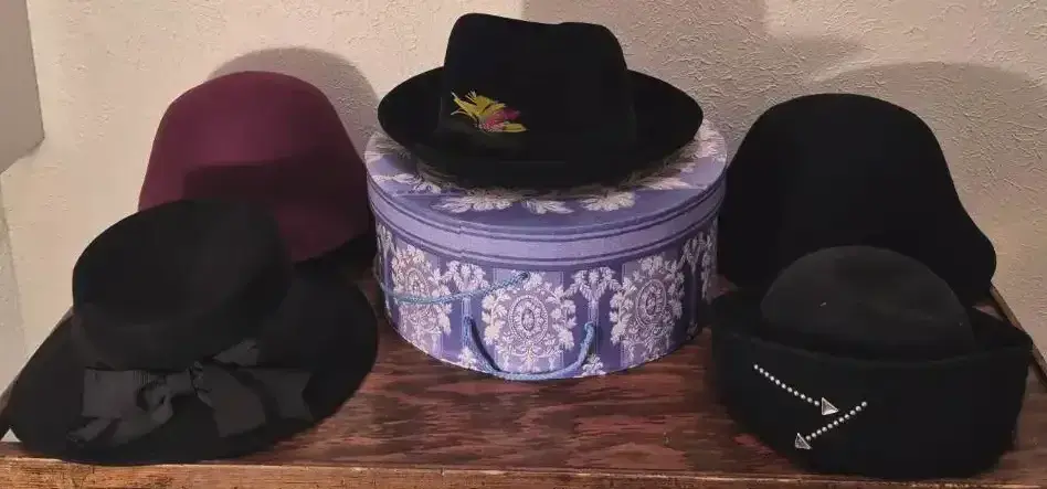 Black Felt Fedora, Matching Black Ribbon, And Multi Color Feather & Felt Hat Assortment W/ Hat Boxes