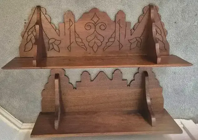 Pair Of Vintage Wooden Wall Shelves With Scalloped Edges And Carved Back Panel