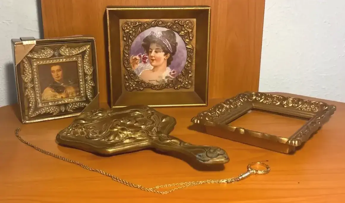 Hand Painted Portrait Signed By Dover Vintage Hand Held Mirror And More 