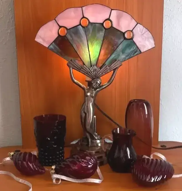 Art Deco Lamp Of Nude Lady Holding Stained Glass Fan And Purple Glassware 