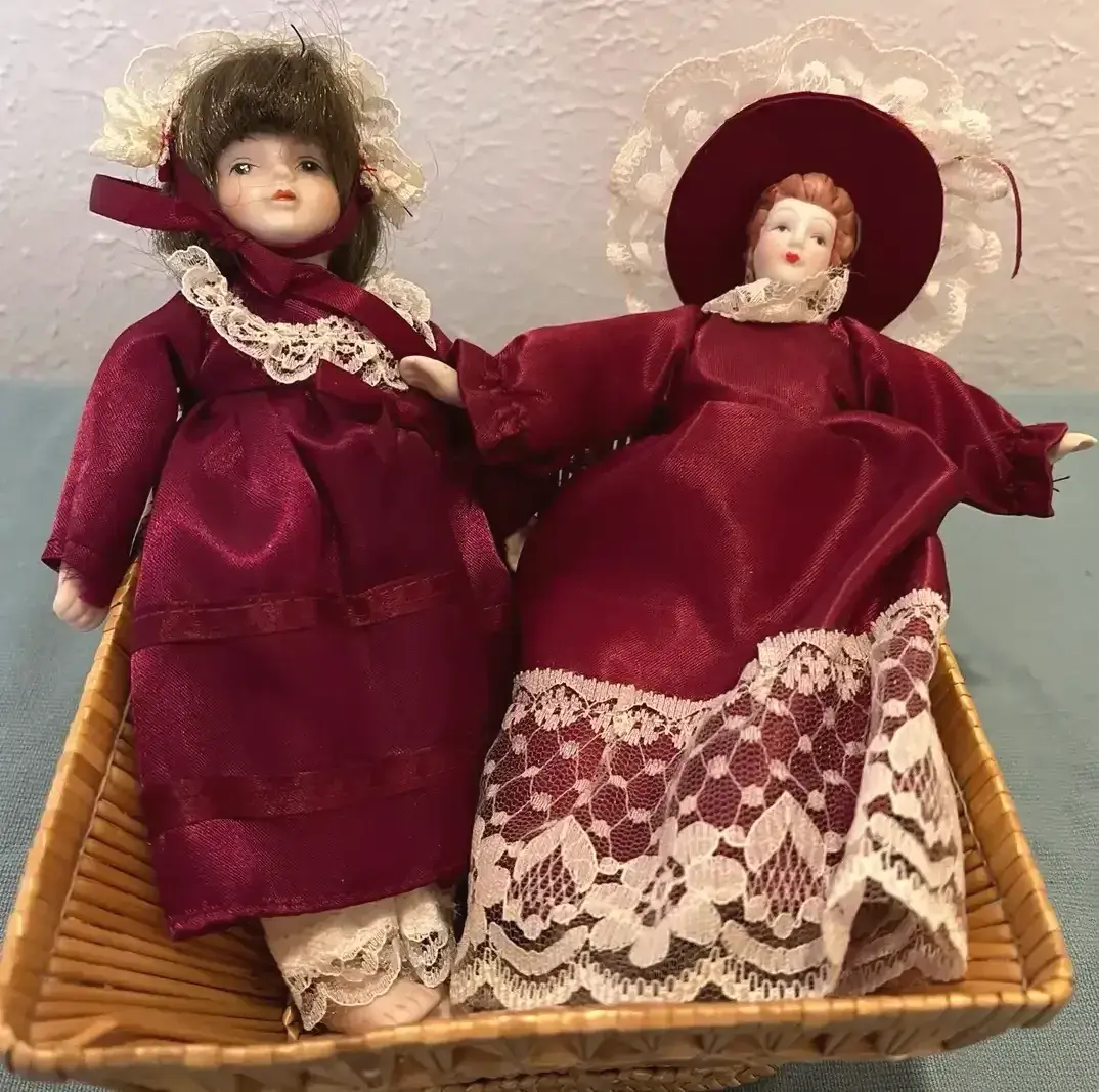 Pair Of Vintage Victorian Porcelain Dolls In Burgundy Dresses
