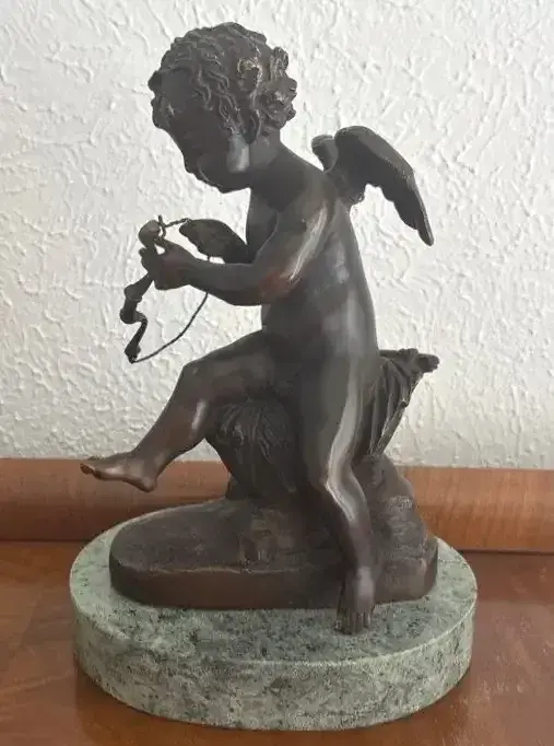 Antique Bronze Statue Of Cupid With Stone Base
