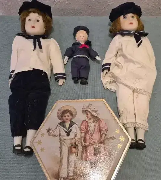 Pair Of Vintage Porcelain & Bisque Dolls In Navy & White Sailor Outfits And More 