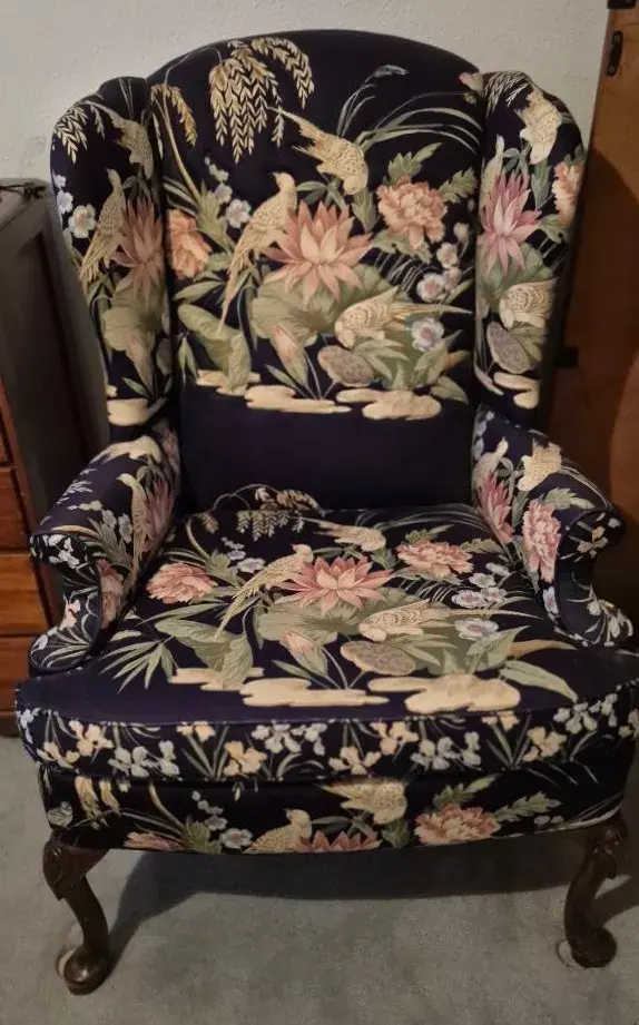 Vintsge Queen Anne Style Upholstered Wingback Armchair Featuring Dark Navy Floral & Bird Fabric Patt