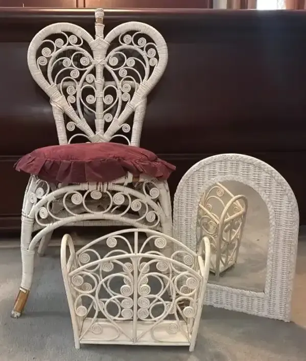 White Heart Shaped Chair White Mirror And White Magazine Holder