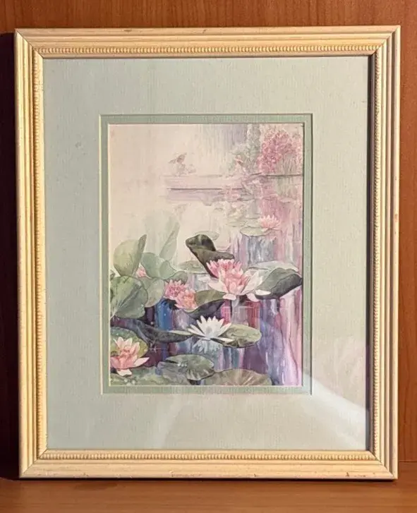 Vintage Lotus Flowers Lake Ladies In Boat Framed