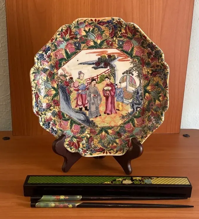 Vintage Royal Satsuma Style Plate And Chop Sticks With Matching Case