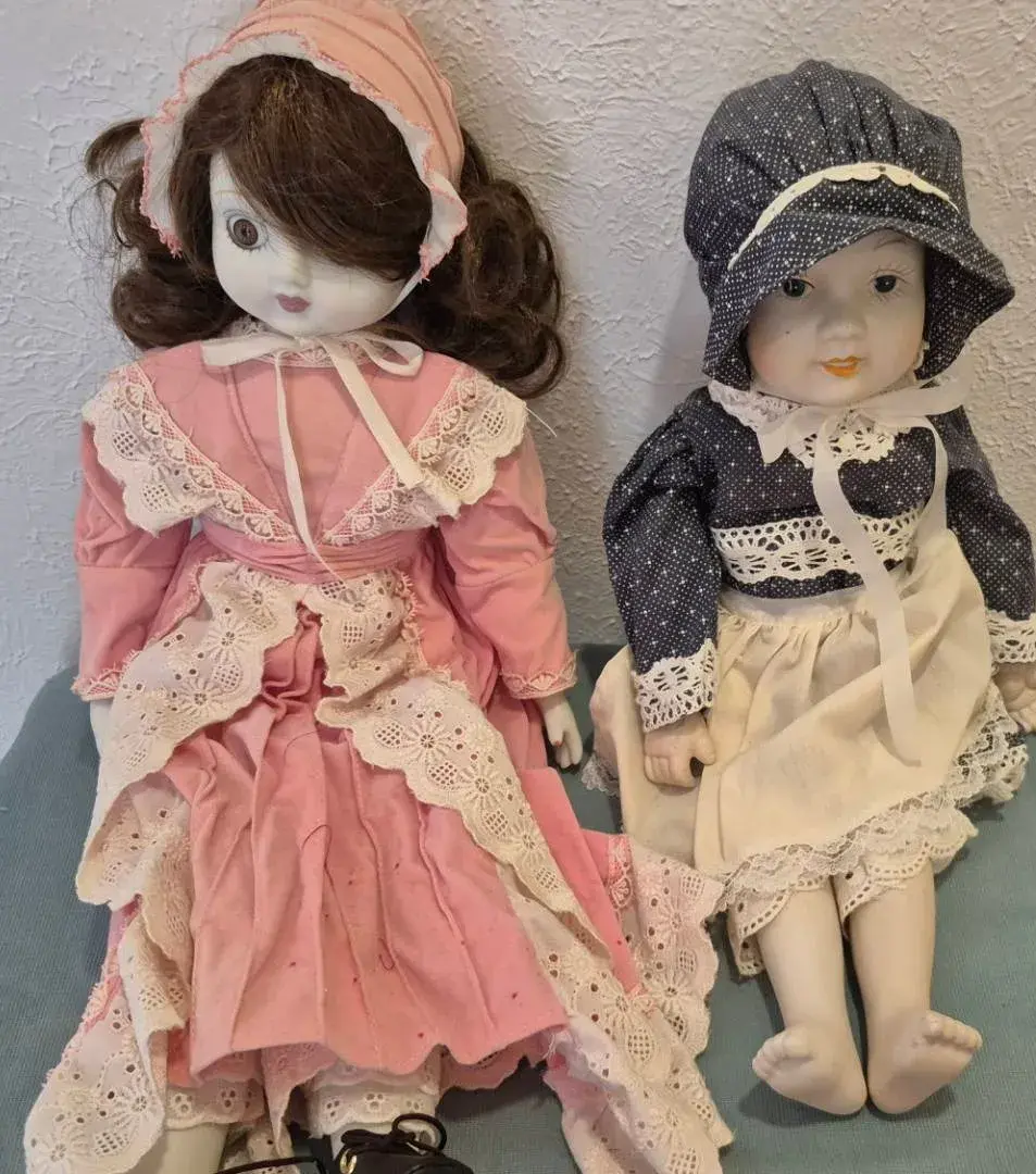 Vintage Porcelain Doll In Pink Dress  White Lace Trim & Bonnet & Porcelain Doll In Blue Polka Dot
