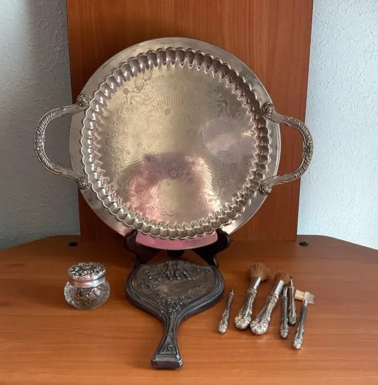 Vintage Handheld Mirror Silver Toned Tray And More 