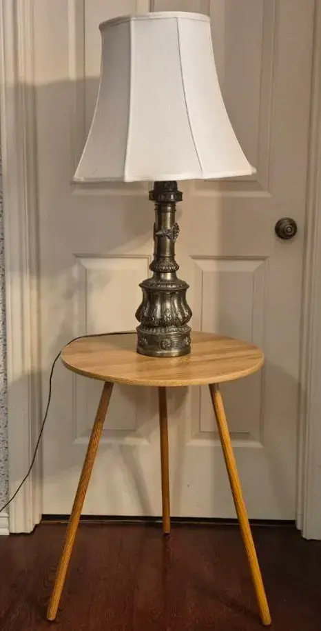  Vintage Cast Metal or Brass Table Lamp w/ Classic Flared White Shade & Round Wooden Accent Table