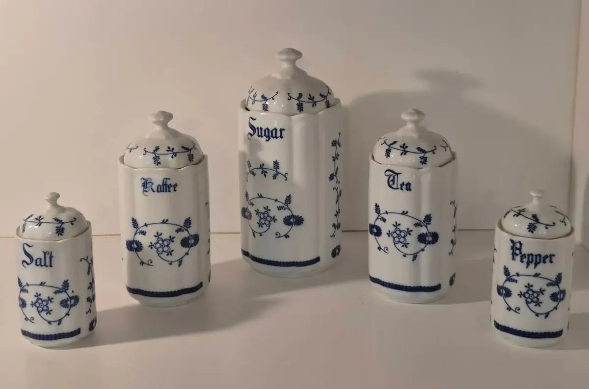 Vintage Blue and White Ceramic or Porcelain Kitchen Canisters Set  
