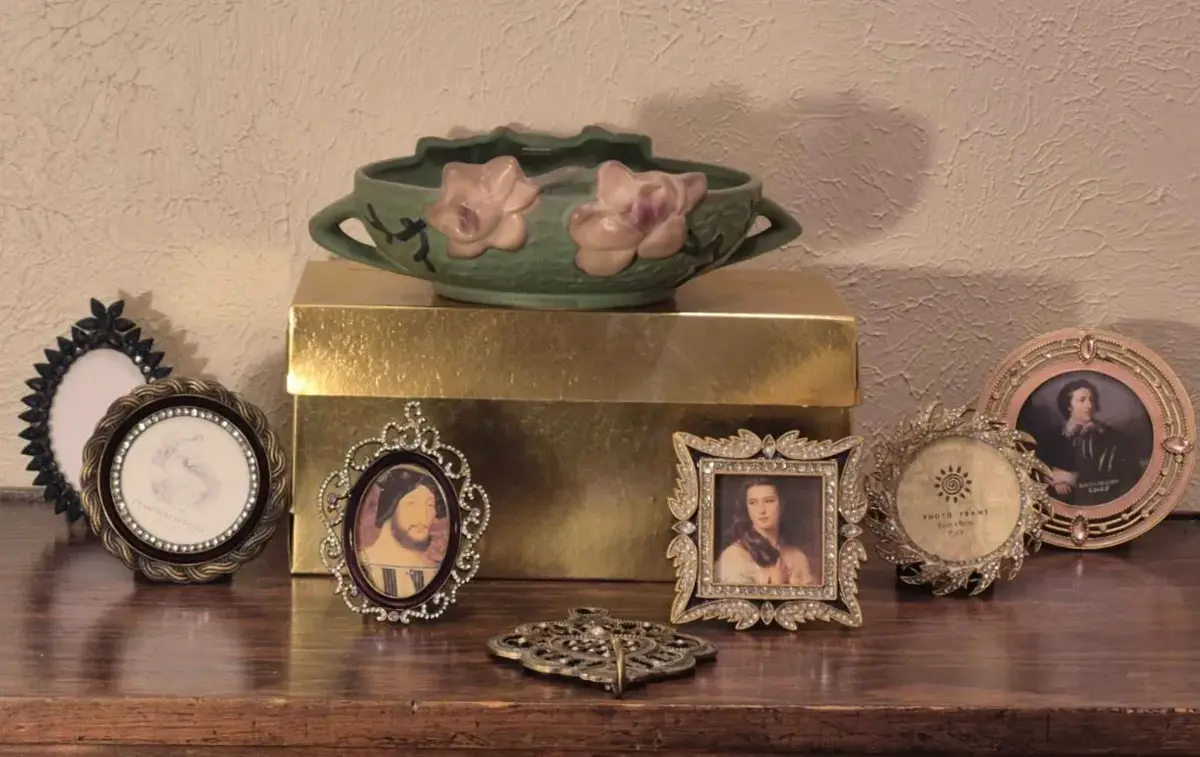 Vintage Roseville Green Ceramic Console Bowl with Floral Accents Side Handles & Picture Frame Assort