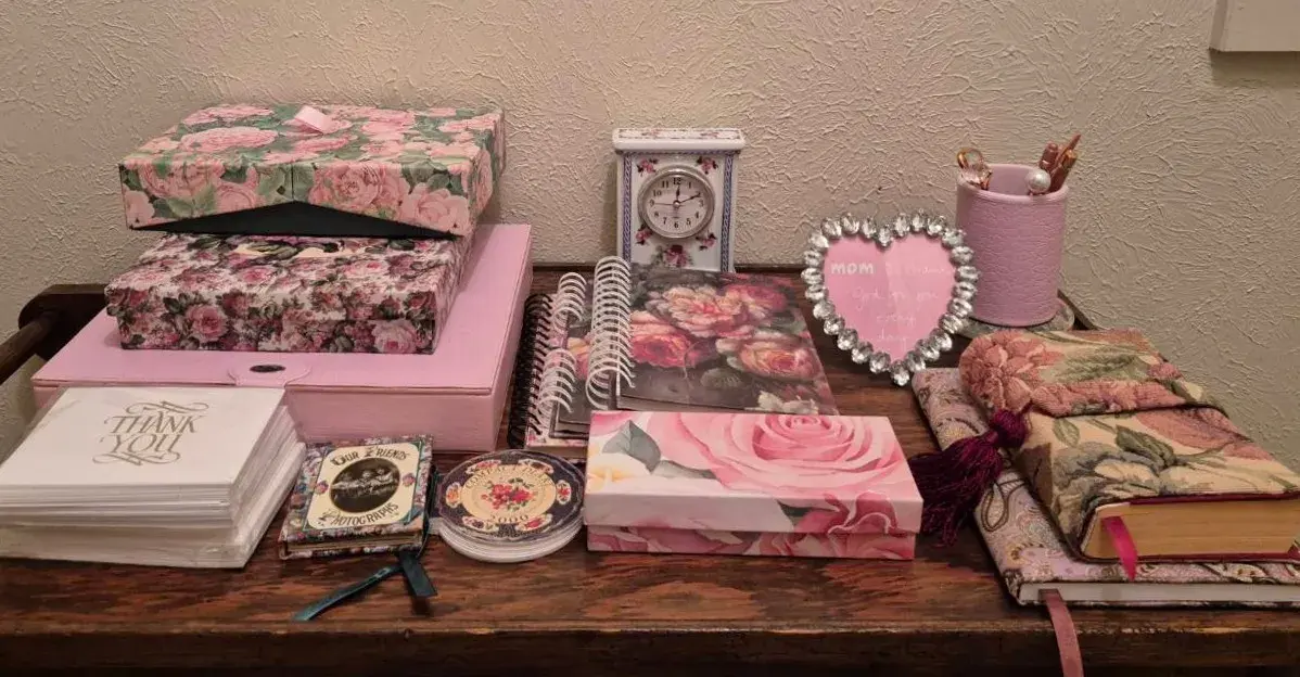 Vintage Floral Porcelain Mantel clock White Ceramic body with pink roses & Stationary Assortment 