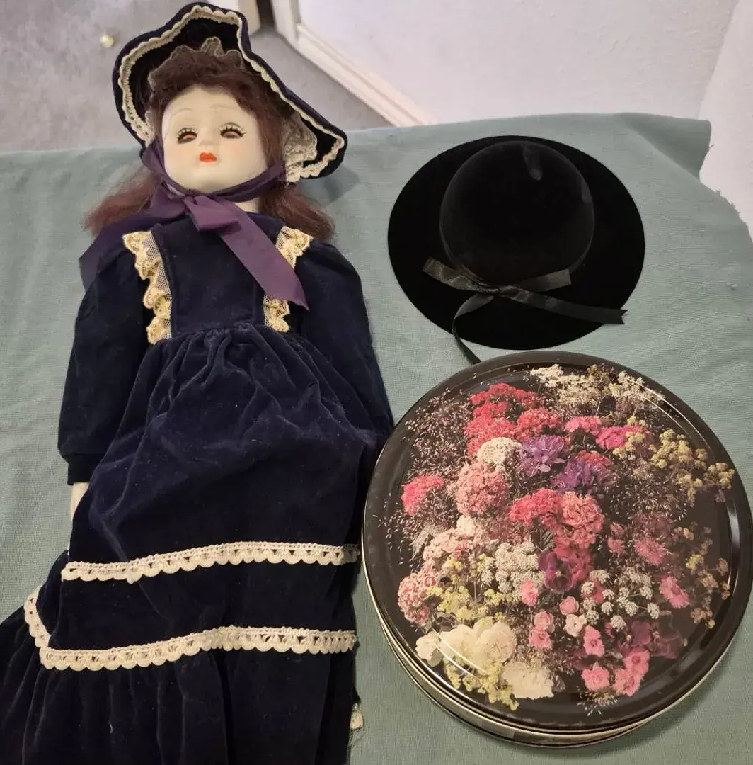 Vintage Porcelain Doll Wearing Dark Blue Velvet Dress With Lace & Matching Bonnett & More 