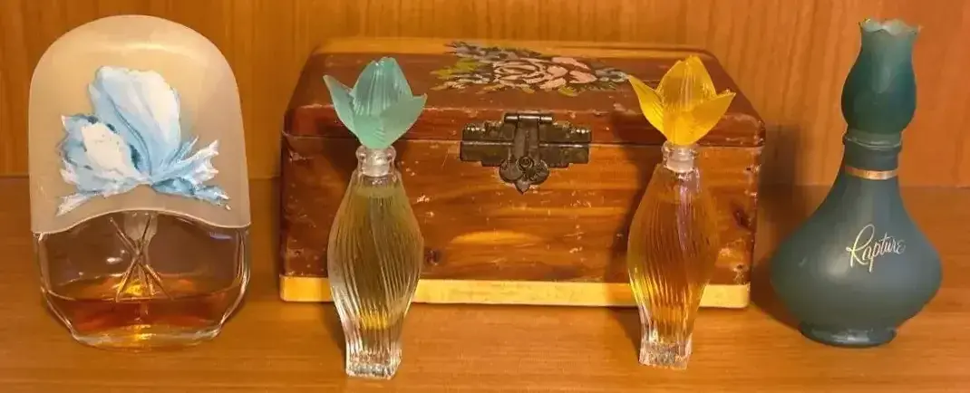 Small Box With Miniature Perfume Bottle Assortment Of Lalique Rapture By Avon And Le Jardin 