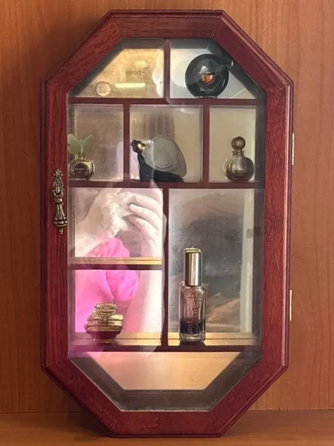 Small Wall Display Cabinet And Vintage Miniature Perfume Bottle Assortment 