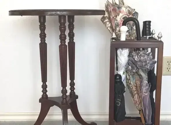 Small End Table And Umbrella Holder and Vintage Umbrella Assortment 