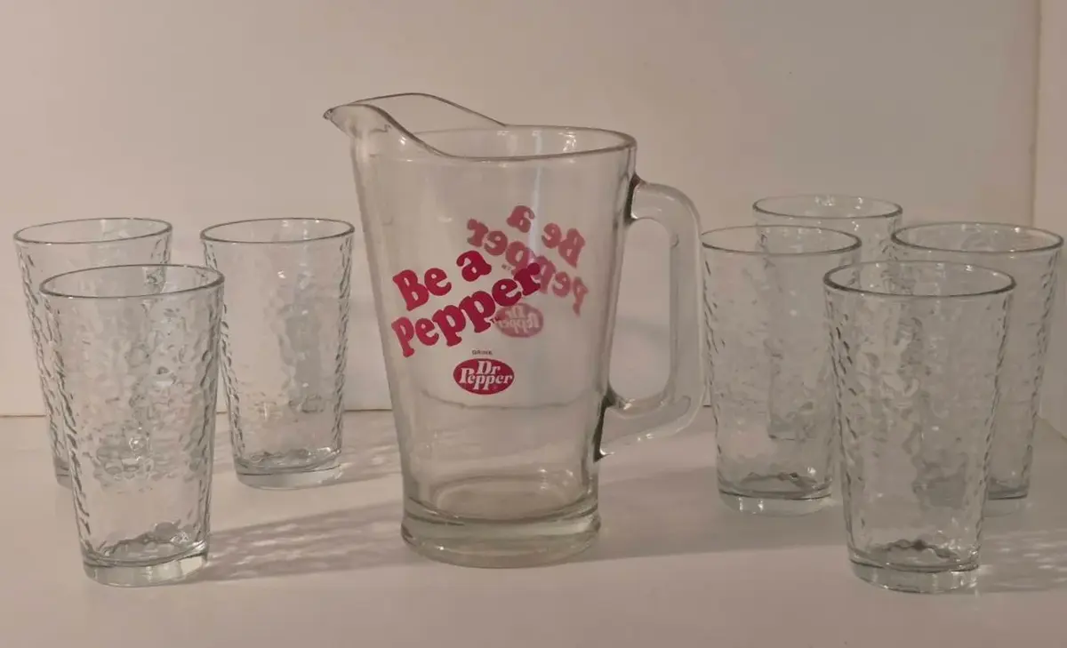Vintage 1970s Dr Pepper "Be a Pepper" Heavy Glass Pitcher &  Set of 7 Cooler Glasses