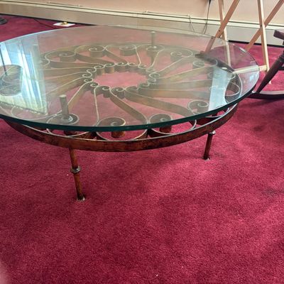 Mcm hand crafted wrought iron round table and glass top 