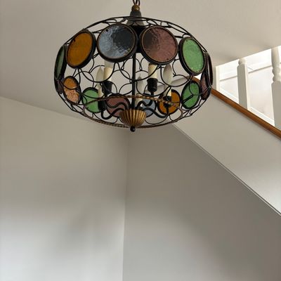 
Mcm ceiling light fixture stained glass all in tact 