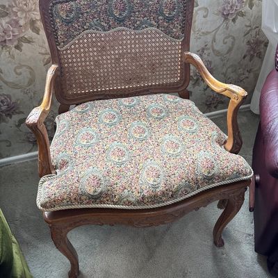 Vintage cane back oversized accent chair tapestry fabric 