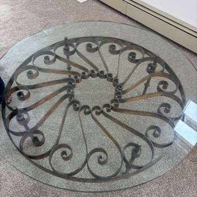 Mcm hand made wrought iron round glass top table one of a kind 