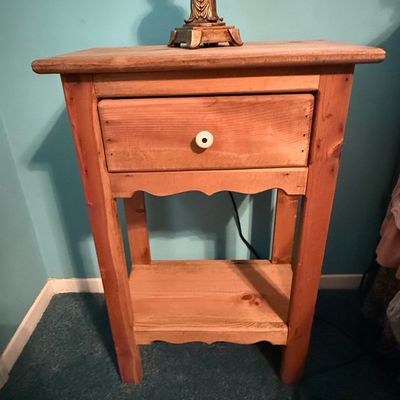 Sale Photo Thumbnail #232: Vintage Pine Nightstand with Single Drawer and Scalloped Apron