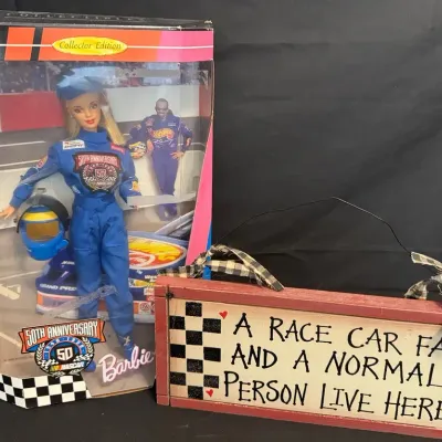 LCJ026 - Nascar 50Th Anniversary Barbie In Original Box And Race Car Fan Sign
