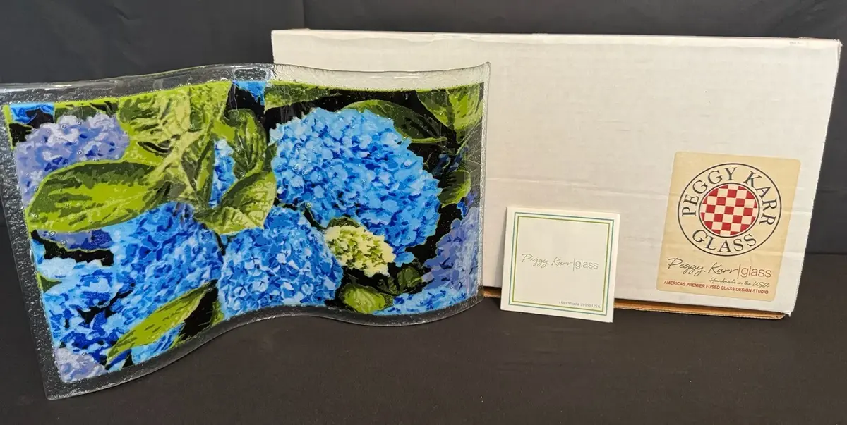 LCJ002 - Peggy Karr Signed Hydrangea Fused Art Glass Wave Tray w/ Original Box