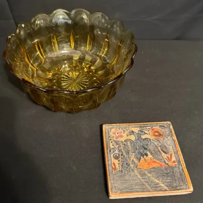 LCJ060 - Vintage Mexican Falk Cart Double Headed Eagle Ceramic Tile And Amber Pressed Glass Bowl