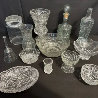 LCJ087 - Vintage Clear Pressed/Pat Pattern Glass Collection With Decanters/Bowls/Basis