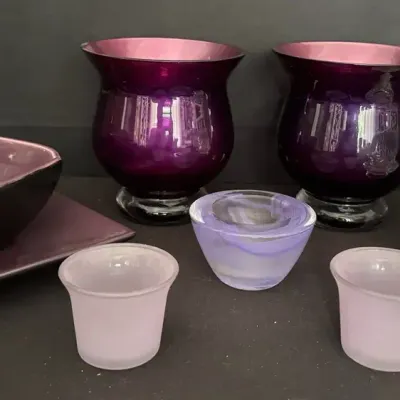 LCJ080 - PartyLite Purple/Clear Glass Candle Holders/Decorative Pieces