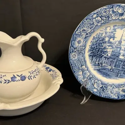 LCJ059 - Royal Haeger Blue/White Pitcher & Wash Basin And Liberty Blue Plate