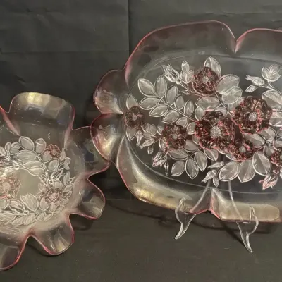 LCJ013 - Vintage Pink Edged Glass Floral Serving Pieces