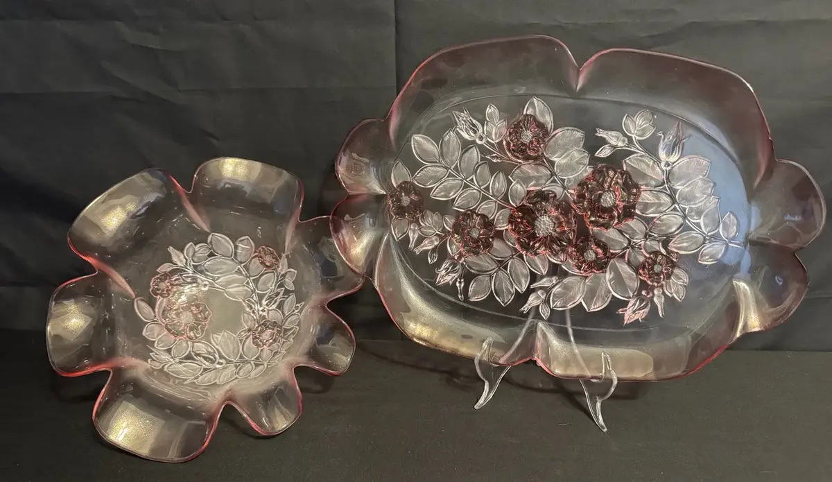 LCJ013 - Vintage Pink Edged Glass Floral Serving Pieces