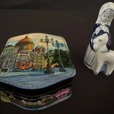 LCJ007 - Russian Fedoskino Lacquer Box And USSR Gzhel Porcelain Figure