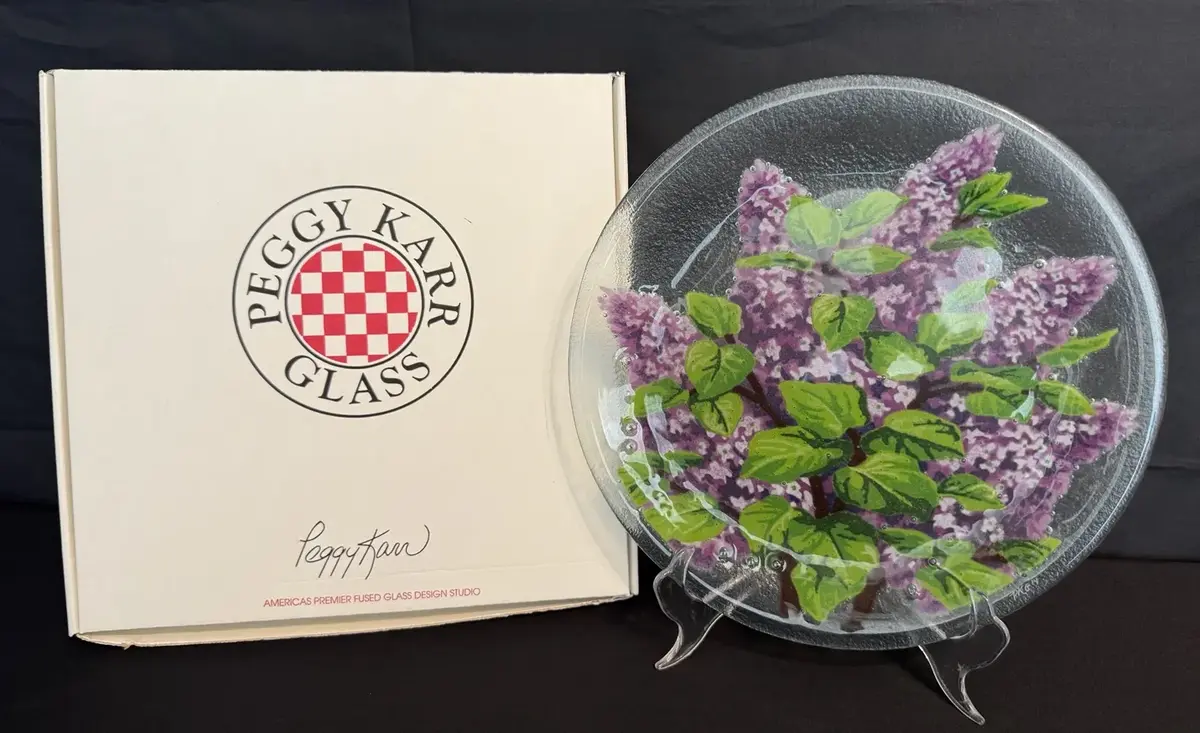 LCJ001 - Peggy Karr Fused Glass Lilac Floral 11” Plate, Signed with Original Box.