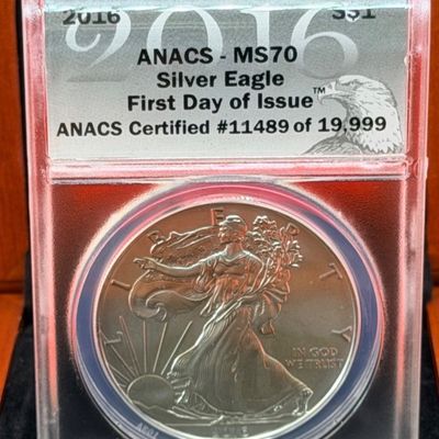 2016 ANACS MS70 Silver Eagle First Day of Issue Coin