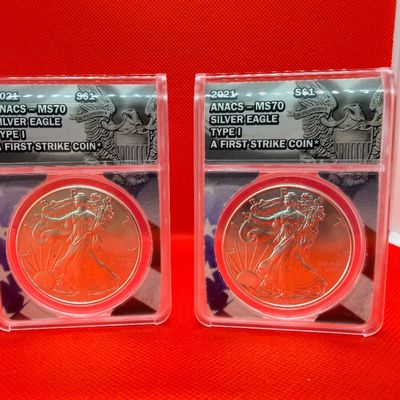 Lot (2) Two 2021 ANACS MS70 Silver Eagle Type I First Strike Coins