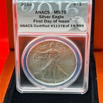 2016 ANACS MS70 Silver Eagle First Day of Issue Coin
