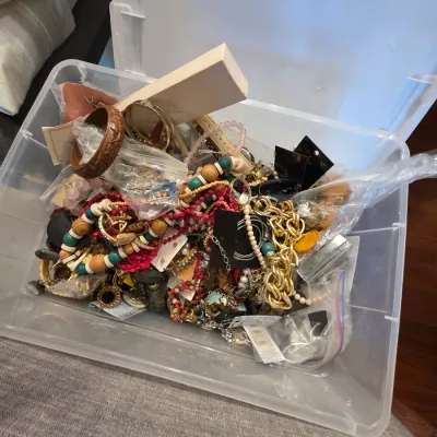 Large assortment of vintage and contemporary costume jewelry, including necklaces, bracelets, and earrings, stored in a clear plastic bin.