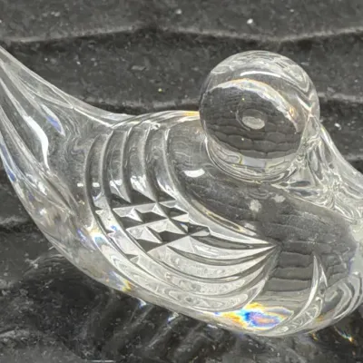 Vintage cut crystal duck figurine, featuring detailed wing patterns and a polished finish.