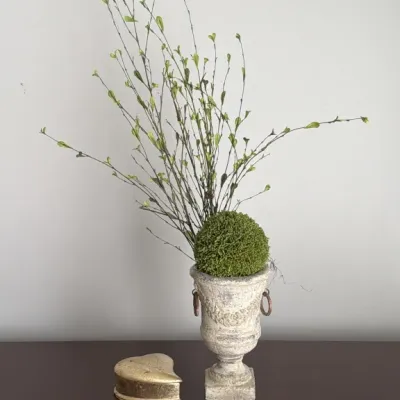Sale Photo Thumbnail #114: Small weathered stone urn planter with ring handles, featuring a faux moss ball and branch arrangement, paired with a small gold-toned heart-shaped trinket box.