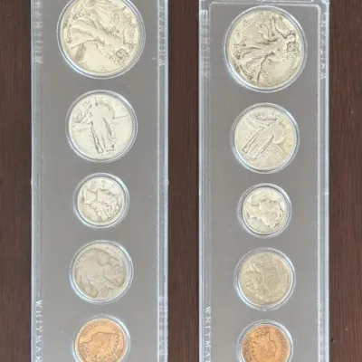 Sale Photo Thumbnail #306: Two Whitman plastic coin holders containing vintage US coins, including Walking Liberty half dollars, Standing Liberty quarters, Mercury dimes, Buffalo nickels, and Indian Head cents.