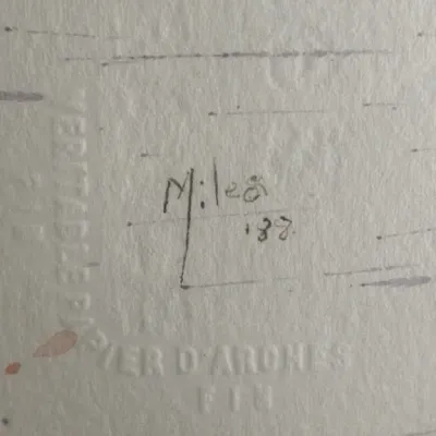 Sale Photo Thumbnail #108: Close-up of an artist's signature reading 'Miles '88' on textured paper featuring a 'Veritable Papier D'Arches Fin' watermark.