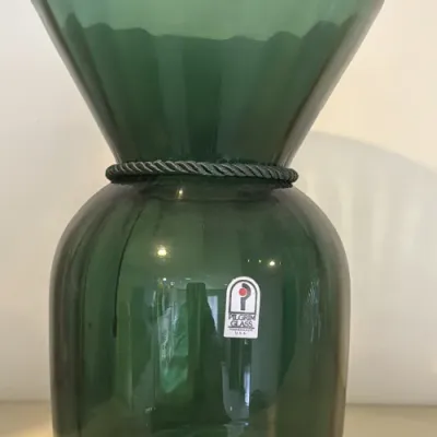 Mid-century Pilgrim Glass forest green vase featuring a flared rim, a rope-style glass collar, and the original maker's label.