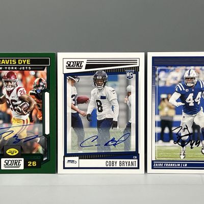 2022 Score Coby Bryant RC Auto, 2023 Score Travis Dye Green RC Auto, & 2024 Score Zaire Franklin In Person Auto - No COA On Franklin